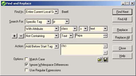 Macromedia Dreamweaver MX - možnosti dialogu Search and Replace