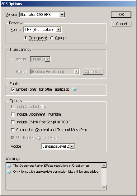 Export EPS - parametry