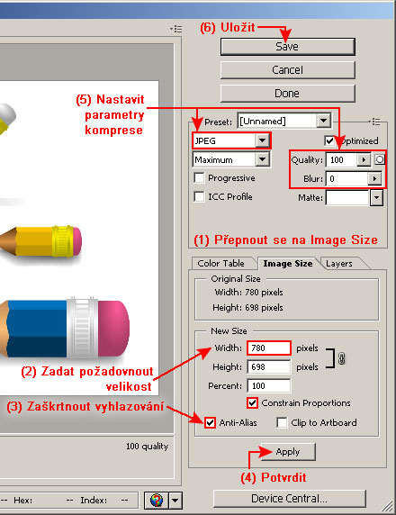 Export JPG náhledu - změna velikosti, parametry formátu