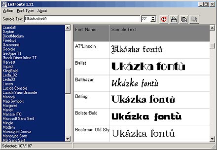 ListFonts 1.21 - přehled fontů